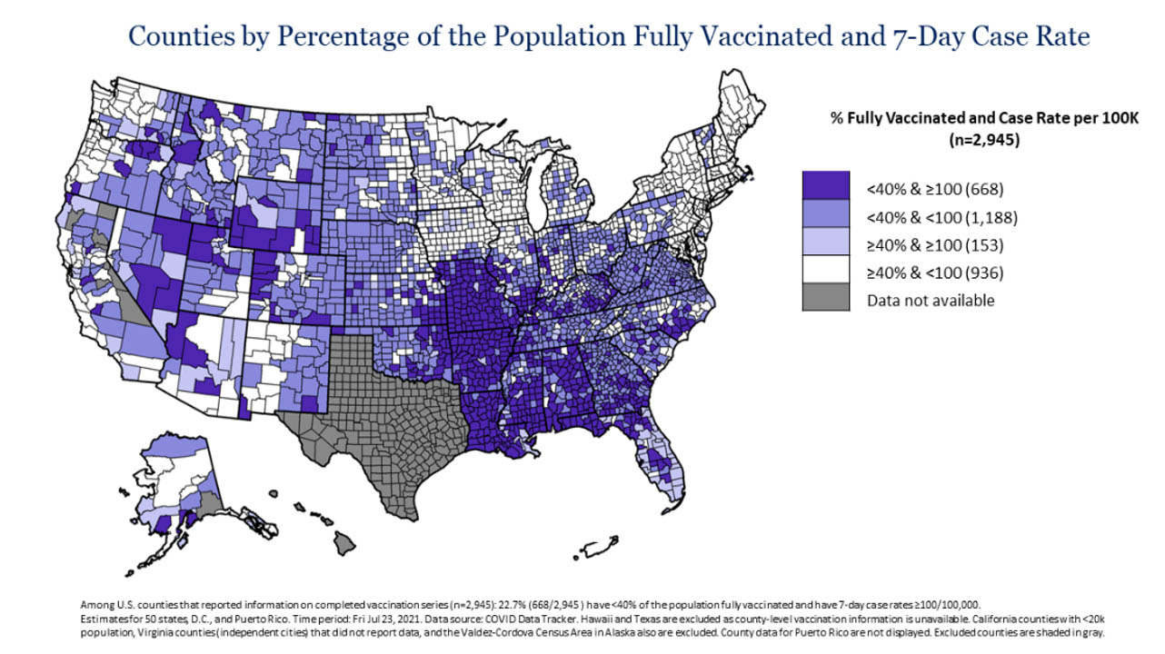 Counties by Percentage of the Population Fully Vaccinated and 7-Day Case Rate
