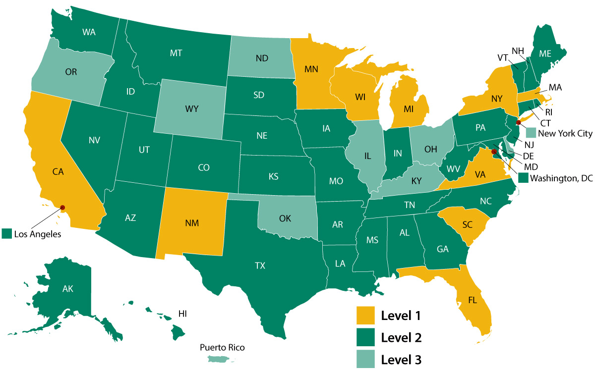 This map shows that the LRN-C is made up of 54 laboratories in all 50 states, 3 cities, and the US territory of Puerto Rico.  LRN-C laboratories are designated as Level 1, Level 2, or Level 3 based on their required responsibilities.