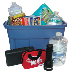	Large plastic bin filled with emergency supplies, like bottled water, food that won’t spoil, a first aid kit, and a flashlight.