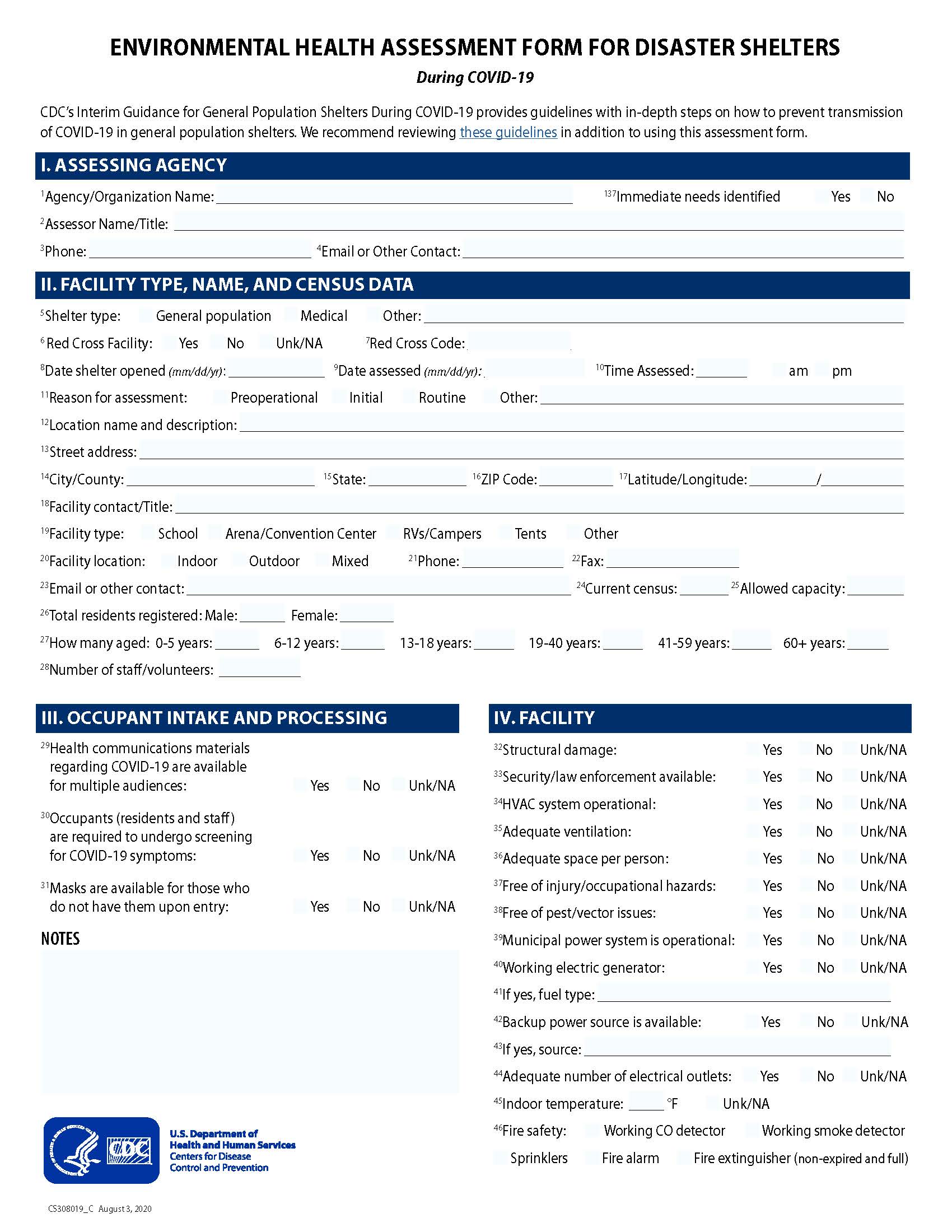Environmental Health Assessment Form for Disaster Shelters during COVID 19